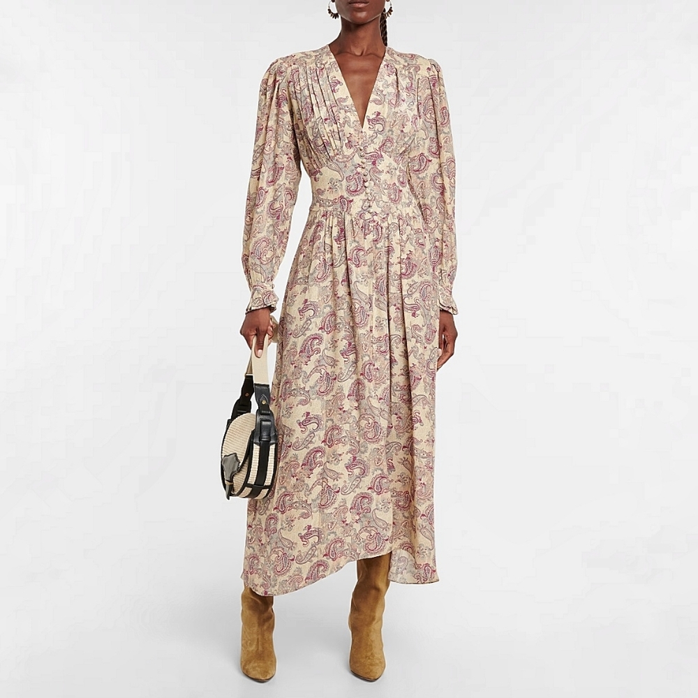 Isabel Marant Moyrala Pleated Coquette Boho Paisley Silk Crepe Dress